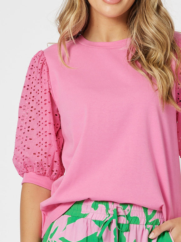 THREADZ KYLA LACE SLEEVE TOP HOT PINK