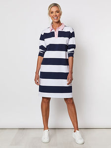 THREADZ RUGBY STRIPE POLO DRESS NAVY