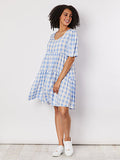 THREADZ CHECK TIERED DRESS BLUE